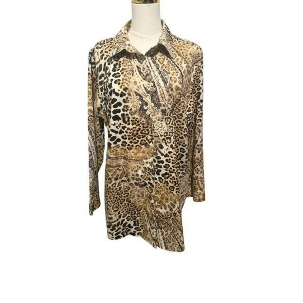 Chicos Womens Blouse Size 3 Brown Animal Print Long Sleeves No Iron Tunic